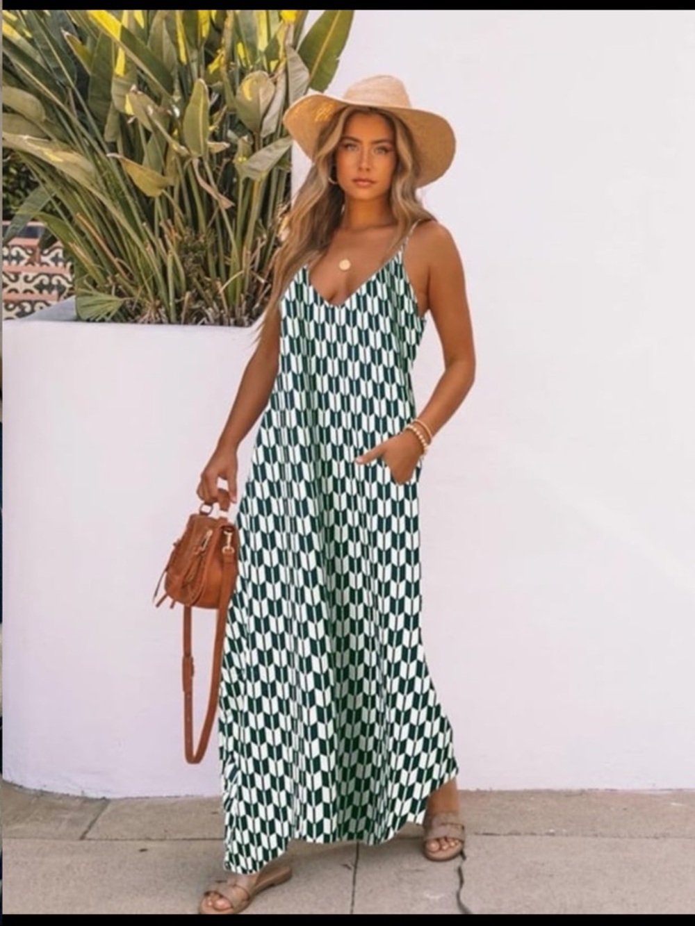 Green and White Geometric Maxi Dress
